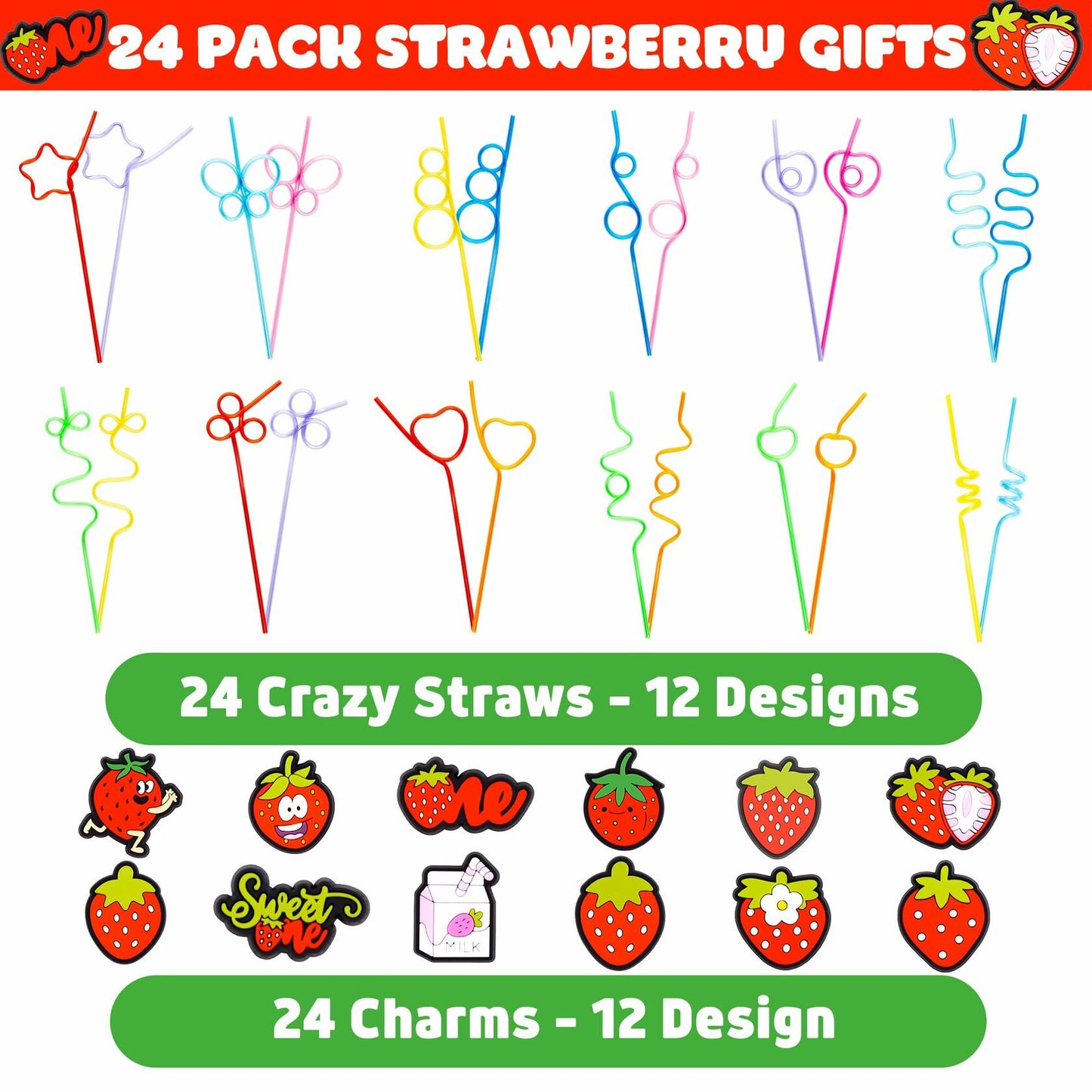 SODWINCO 24 PCS Strawberry Drinking Crazy Straws Kids Party Supplies Red