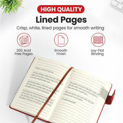 Promot PU Leather A5 Lined Notebook with Pen Red 200 Pages Elastic Pocket