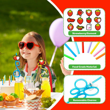 SODWINCO 24 PCS Strawberry Drinking Crazy Straws Kids Party Supplies Red