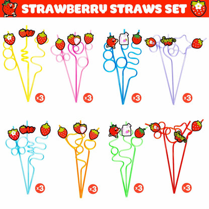 SODWINCO 24 PCS Strawberry Drinking Crazy Straws Kids Party Supplies Red