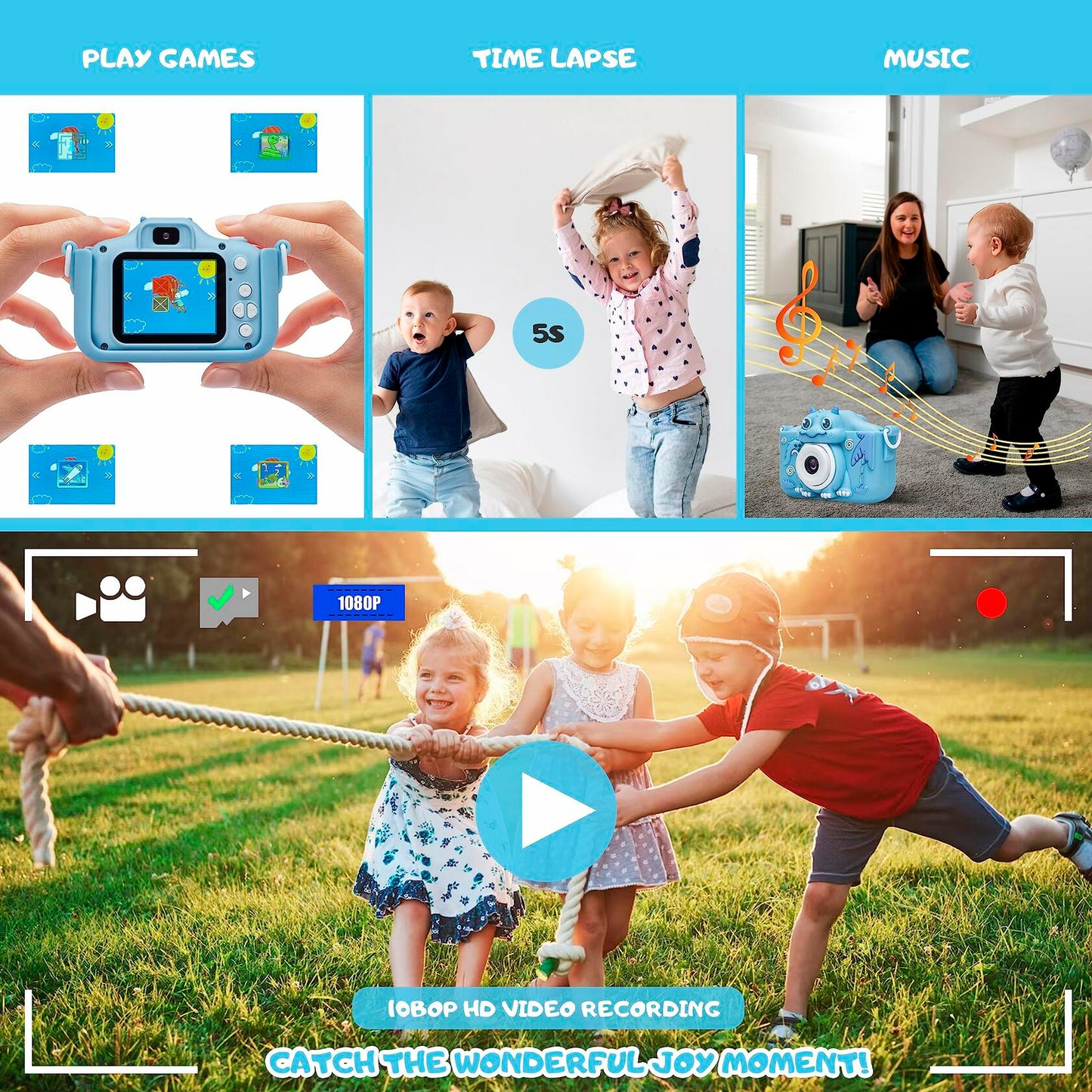 iMisH Kids Camera 1080p Video 1000mAh Battery 32GB TF Card Shockproof Blue