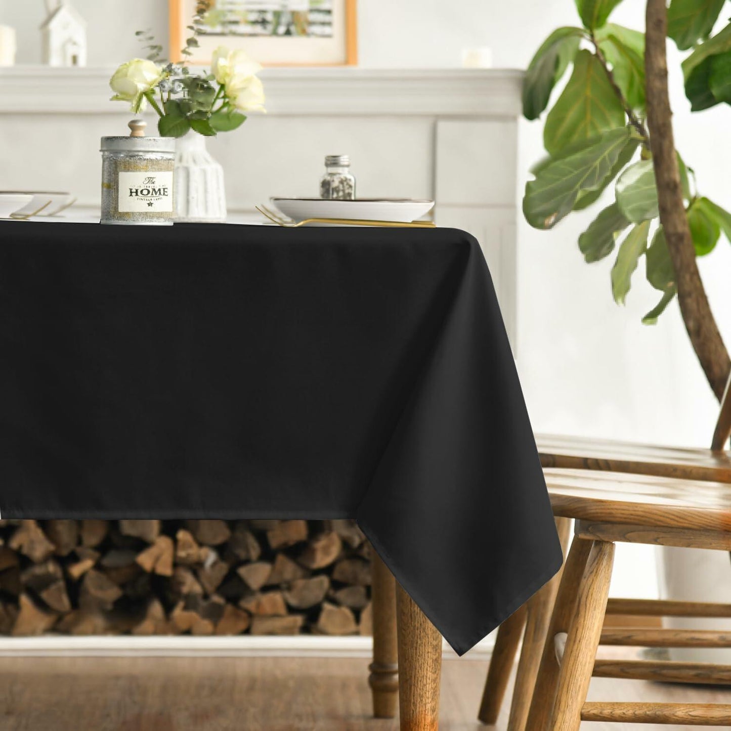 Horaldaily Black 60x84in Rectangular Stain Resistant Polyester Tablecloth