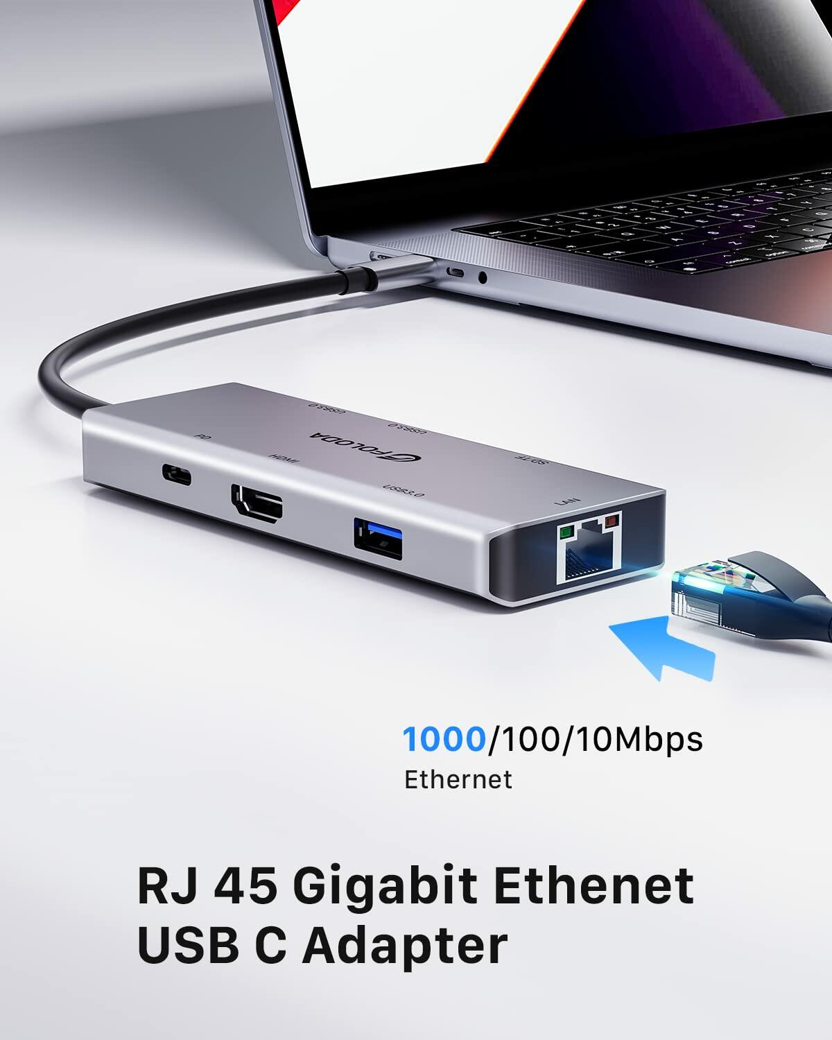 FOLODA USB C HUB 8-in-1 Docking Station HDMI 4K@60Hz Gigabit Ethernet Gray