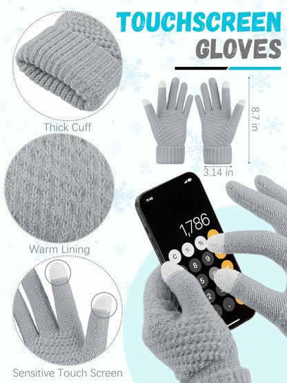 LOROME Winter Beanie Hat Scarf Gloves Set Light Gray Acrylic Size 5 1/8-7 7/8