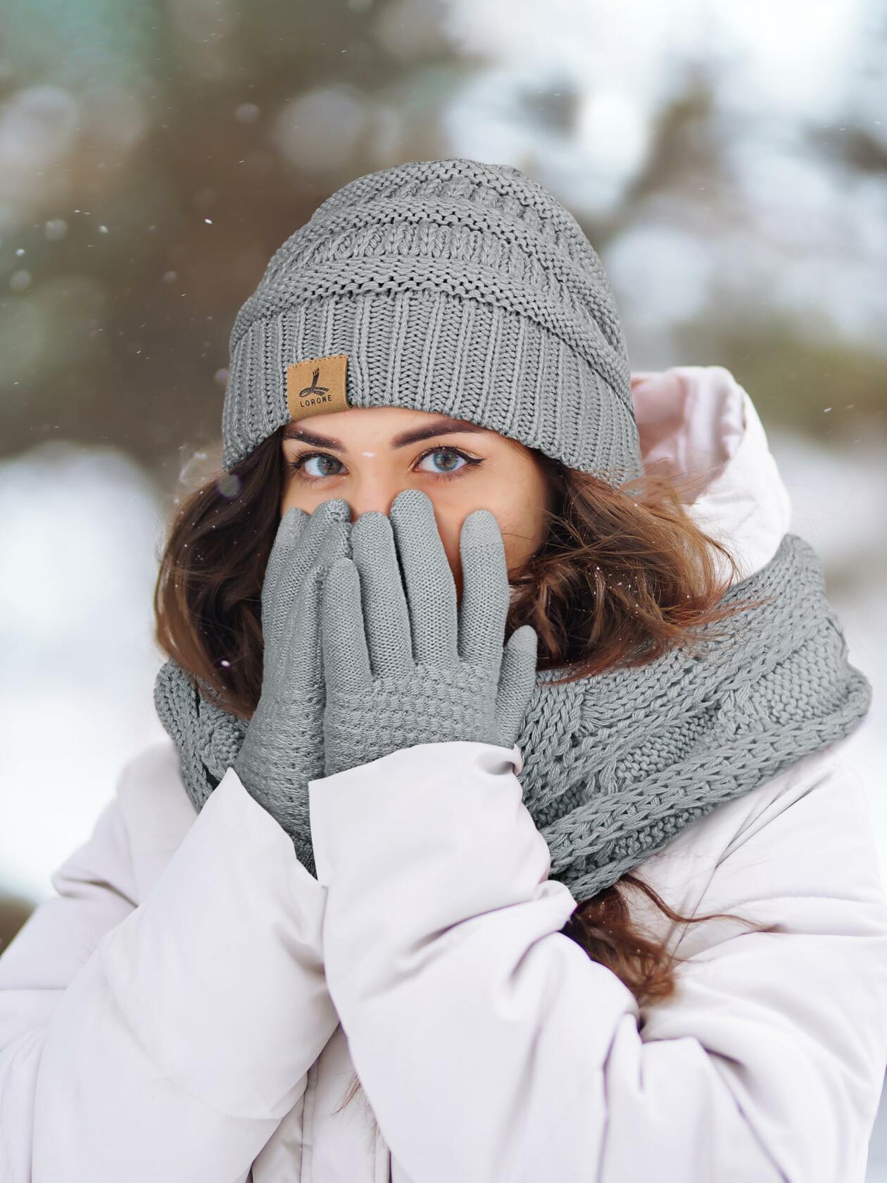 LOROME Winter Beanie Hat Scarf Gloves Set Light Gray Acrylic Size 5 1/8-7 7/8