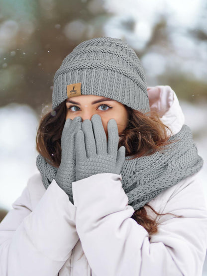 LOROME Winter Beanie Hat Scarf Gloves Set Light Gray Acrylic Size 5 1/8-7 7/8