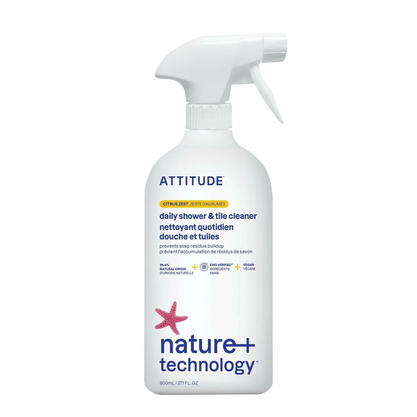 ATTITUDE Shower & Tile Cleaner Citrus Zest, EWG Verified, 27.1 Fl Oz