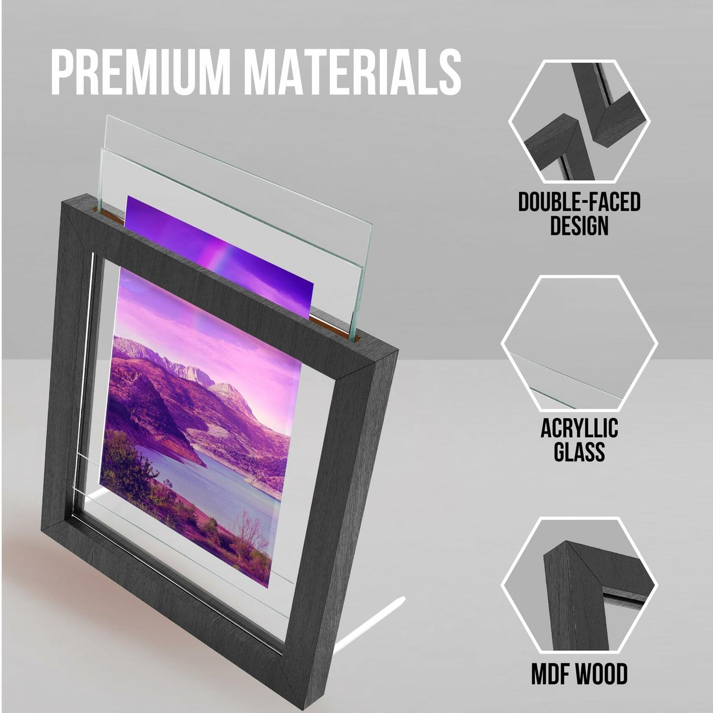 Latile Floating Picture Frames 3 Pc Glass Large Square Black UV Protection