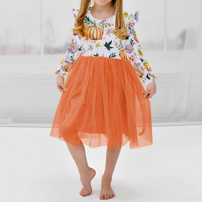 C&M WODRO Toddler Girl Thanksgiving Pumpkin Tulle Dress Pumpkin+Leaf 3-4T