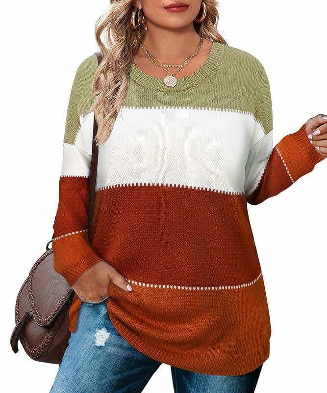 TIYOMI Plus Size Women's Crew Neck Long Sleeve Knit Sweater Striped Size XL