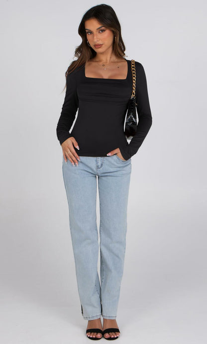 KEEPBEAUTY Womens Ruched Square Neck Long Sleeve Top Black Size L
