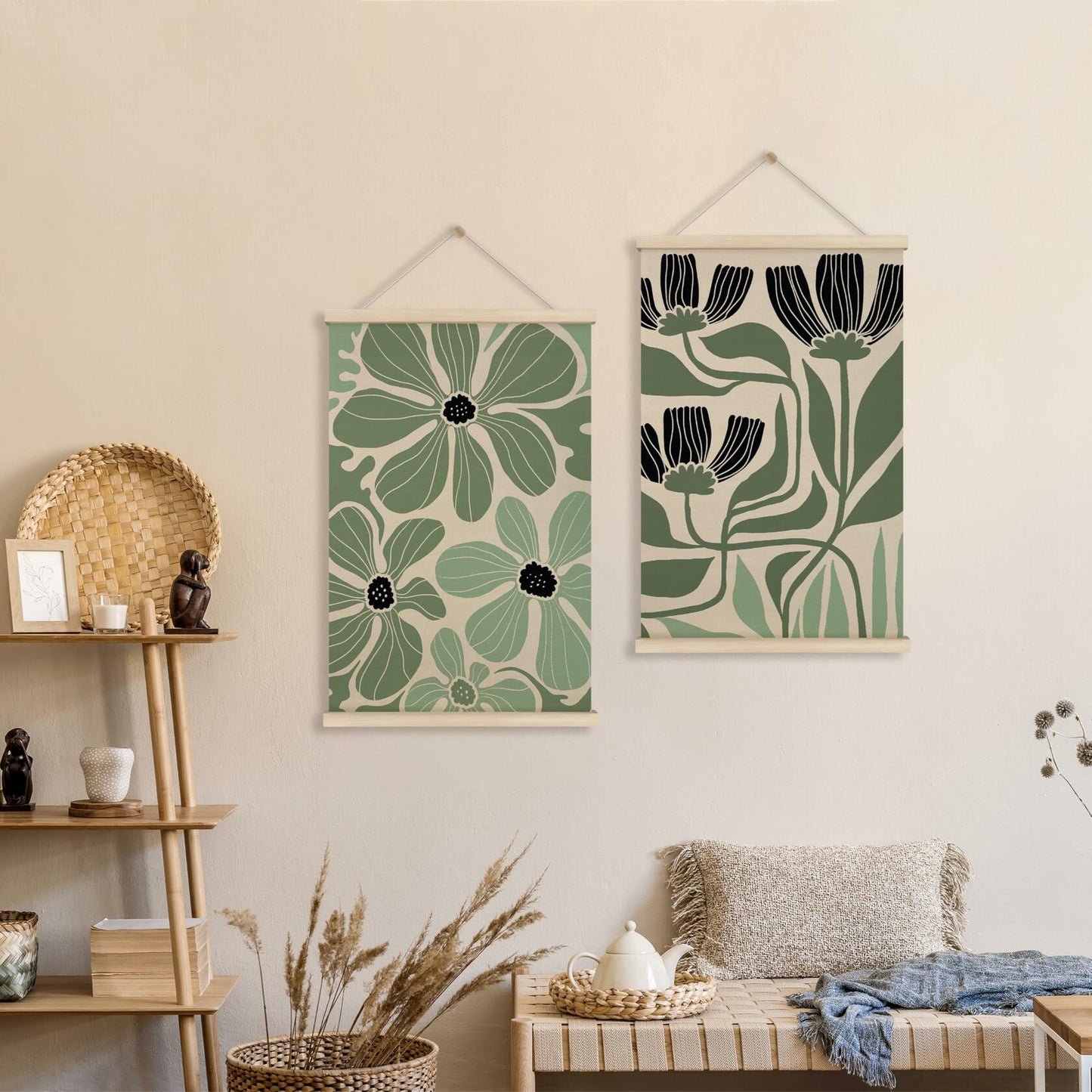 HRQKO Boho Black Flowers Wall Art Set of 2 Wooden Frames 16x24 Inch