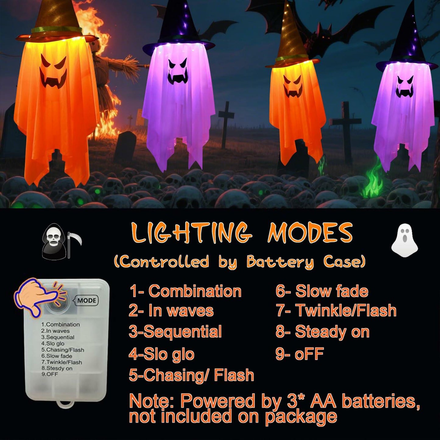 Svkipibe 2PCS 42x14in Halloween Large Standing Ghost Lights Orange 8 Modes