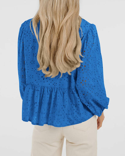 KIRUNDO Babydoll Long Sleeve Tie Front Eyelet Cotton Top Blue Size XL
