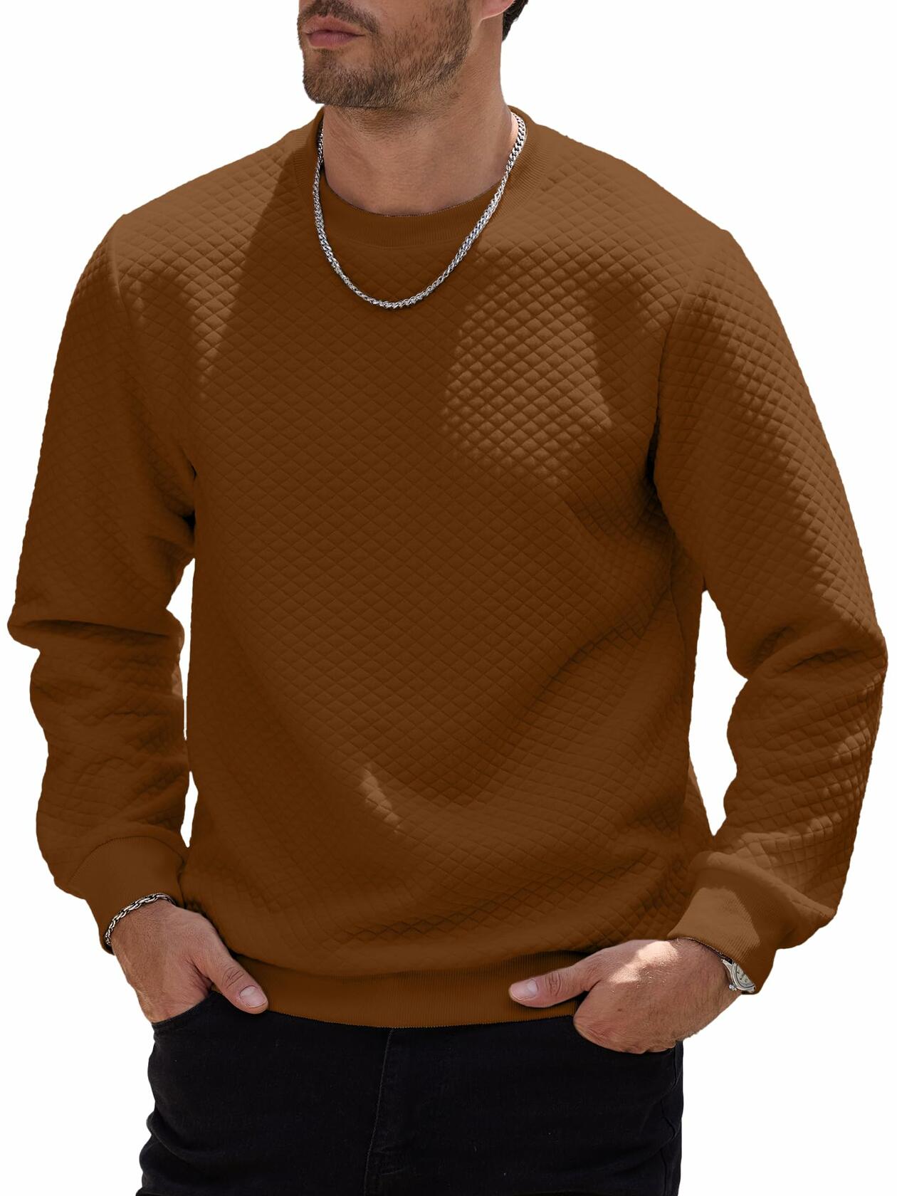 HOTake Mens Waffle Texture Pullover Sweatshirt Brown Size Small