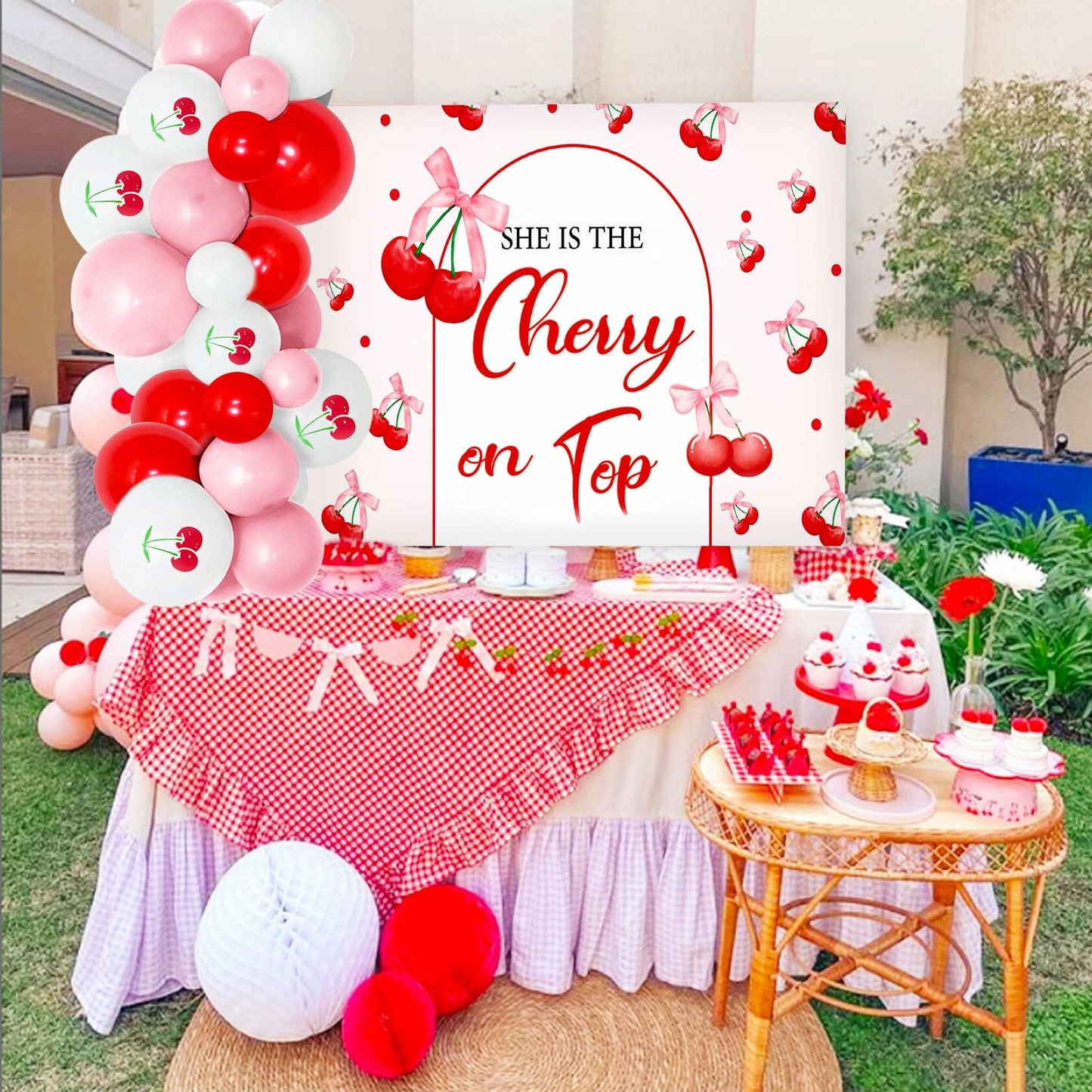 BACH AND BOUJEE She's The Cherry on Top Baby Shower Backdrop Red Balloons