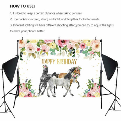 JICONEE Horse Birthday Party Backdrop Western Bohemian Wildflower 7x5ft