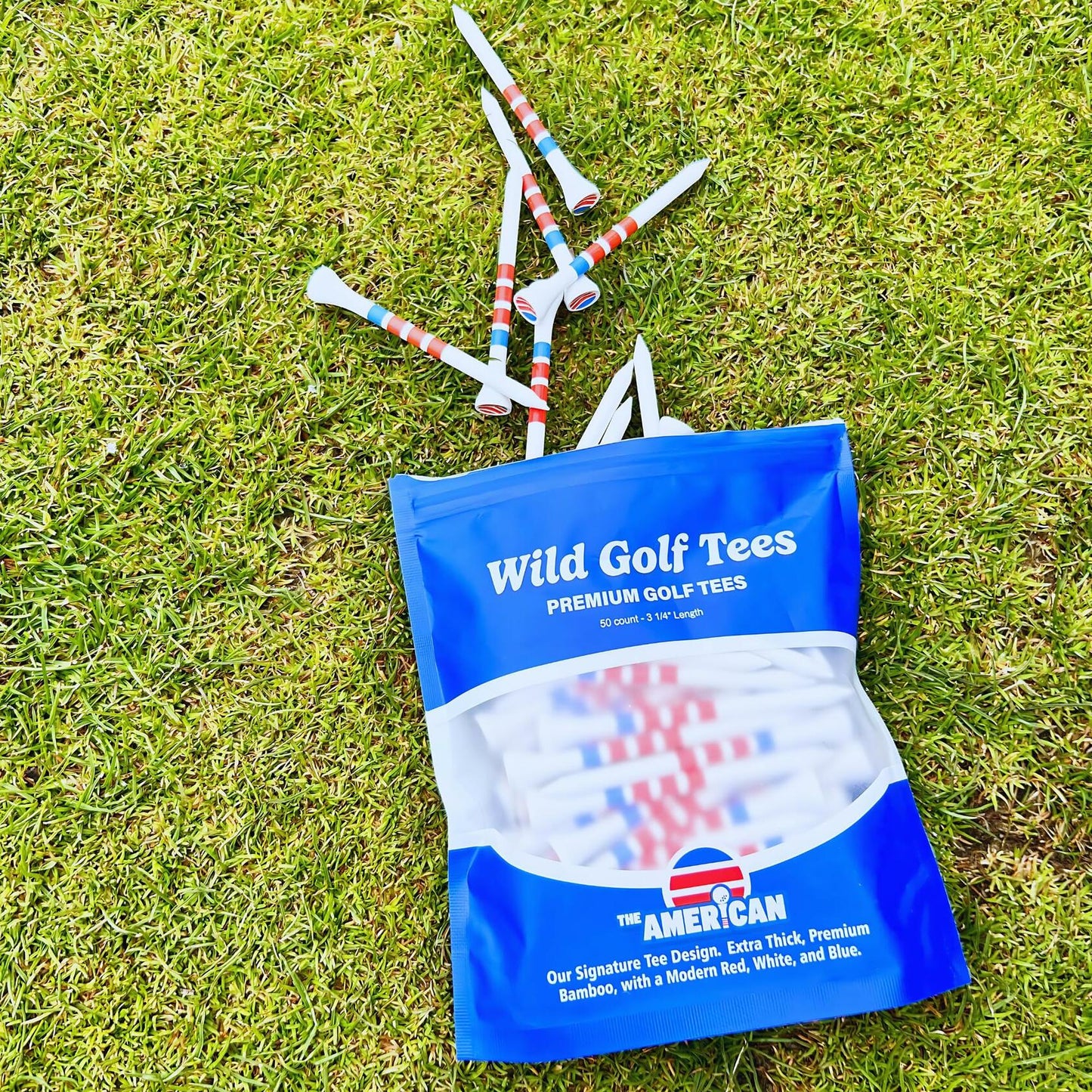 Wild Golf Wood Bamboo Golf Tees 3-1/4" Extra-Thick Red White Blue 50 Pack