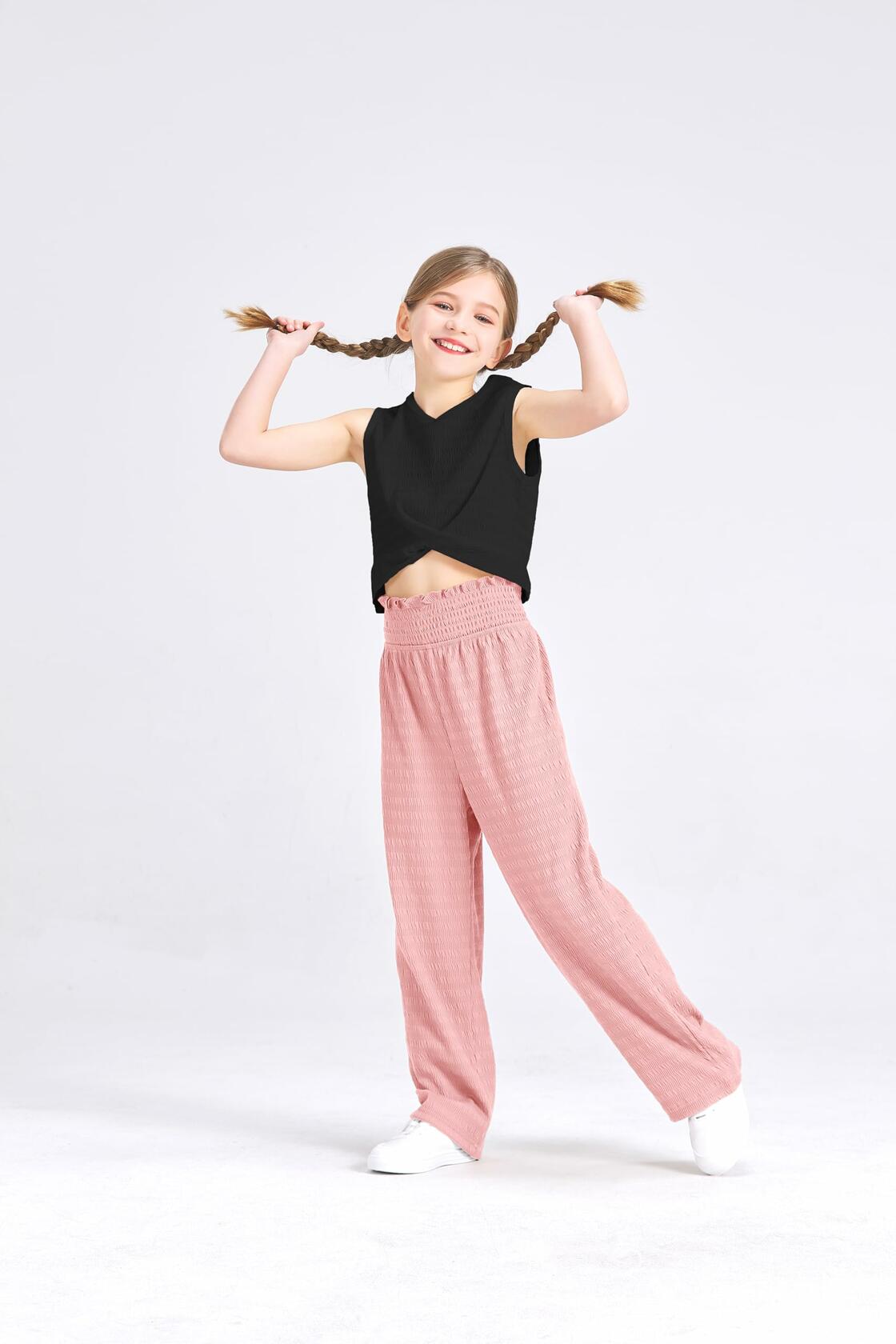 Handfrog Girls 2PC Tie Knot Crop Top & Wide Leg Pants Set Pink Black Size 12-13Y