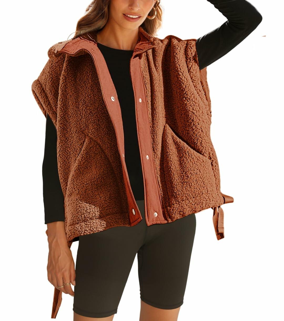 Yozazzy Sherpa Vest Women Sleeveless Fleece Zip Up Rust Size S