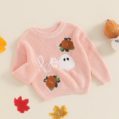 Adobabirl Baby Halloween Sweater Pumpkin Embroidery Knit Pullover Pink Size 6-9M