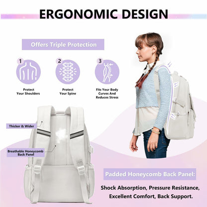 GLORIEROO Kids Backpack Girls 15.6" Laptop Compartment Beige White