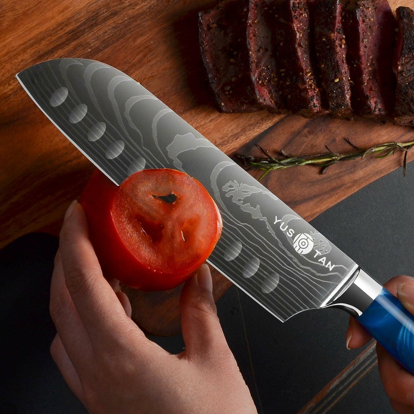 YUSOTAN 7" Japanese Santoku Knife Blue High Carbon Stainless Steel Blade