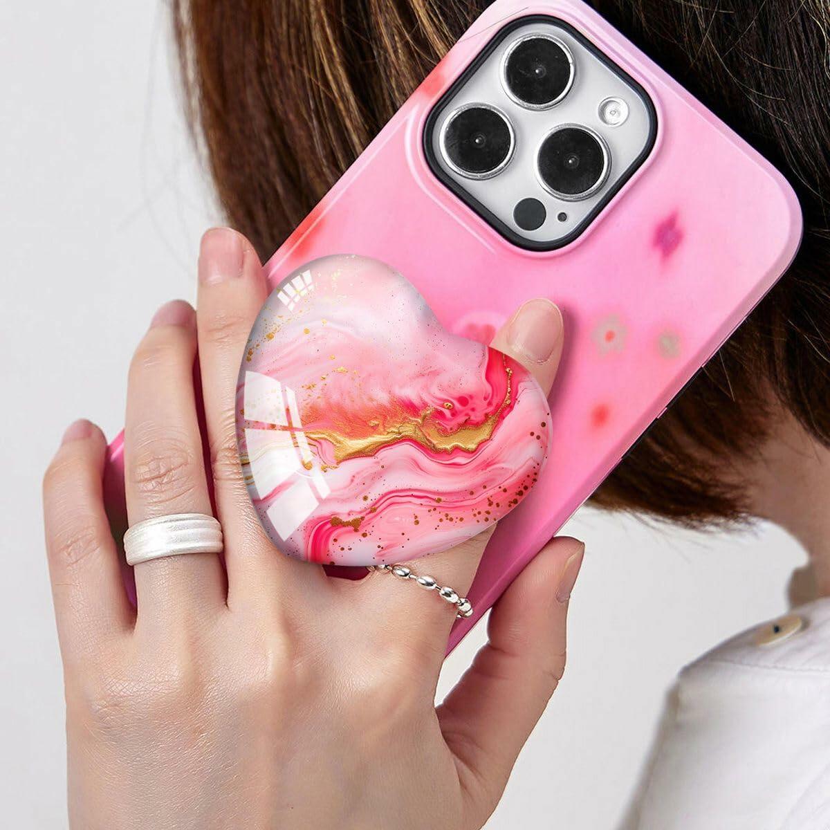 Luhoit Heart Shape Expanding Cell Phone Grip Glass Stand Gold Red Marble
