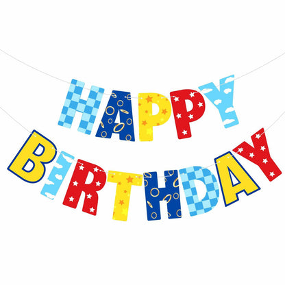 VitalCozy Birthday Banner Red Blue Golden Rings Cartoon Theme Colorful