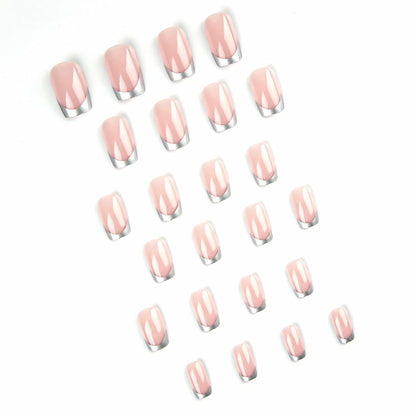 SHANRUN Pink Press On Nails Short Square Silver French 24 Pcs