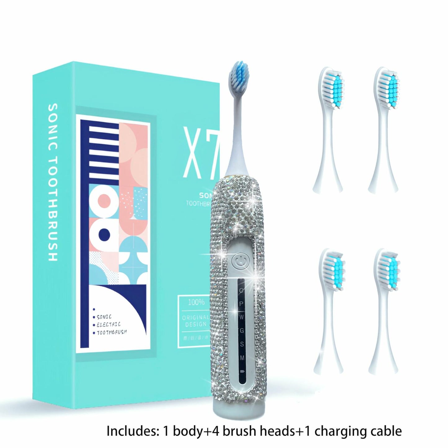 VFUIFRYI Electric Toothbrush Silver Bling 3 Heads 6 Modes Portable