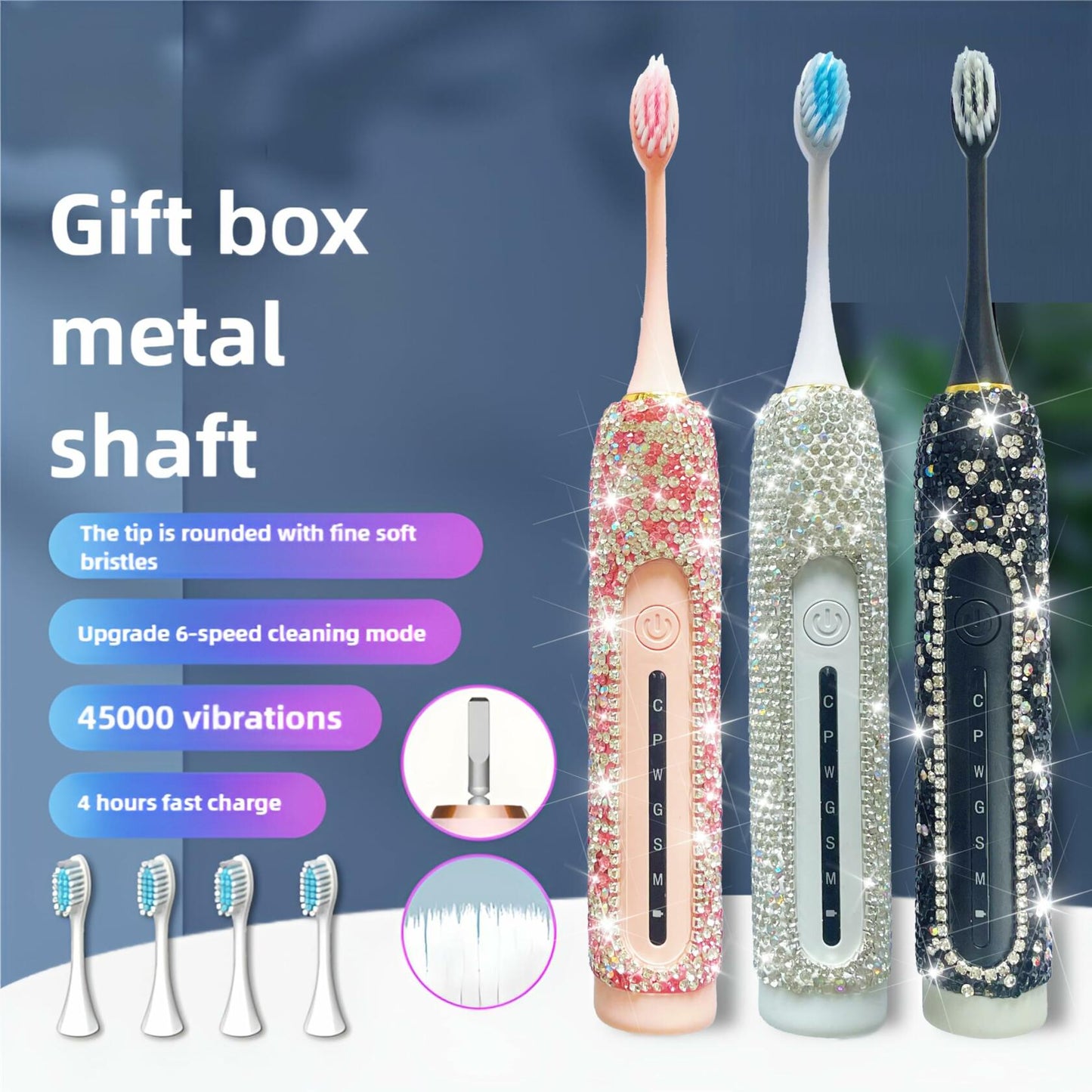 VFUIFRYI Electric Toothbrush Silver Bling 3 Heads 6 Modes Portable