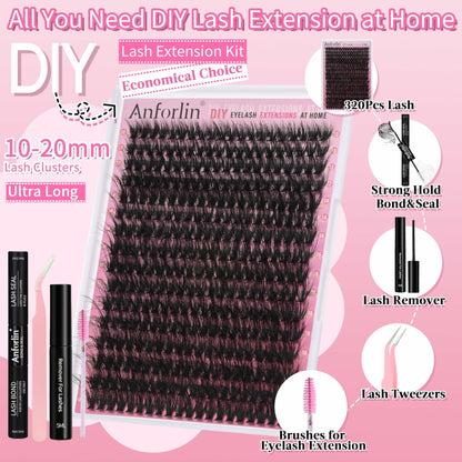 Anforlin Eyelash Extension Kit 280pcs Thick Volume D Curl 14-22mm Black