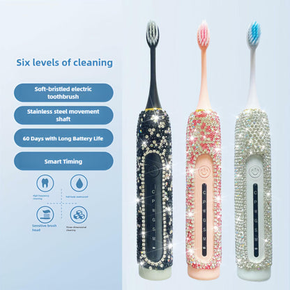 VFUIFRYI Electric Toothbrush Silver Bling 3 Heads 6 Modes Portable