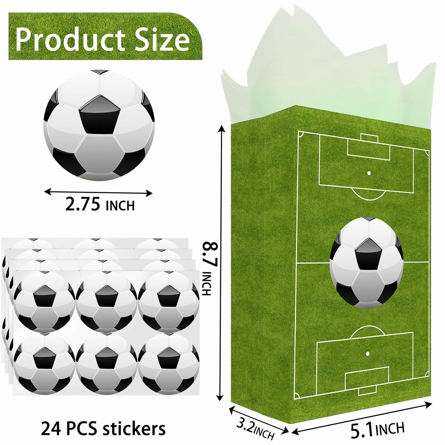 Outego Soccer Party Favor Bags with Stickers 24 Count Green Paper Soccer