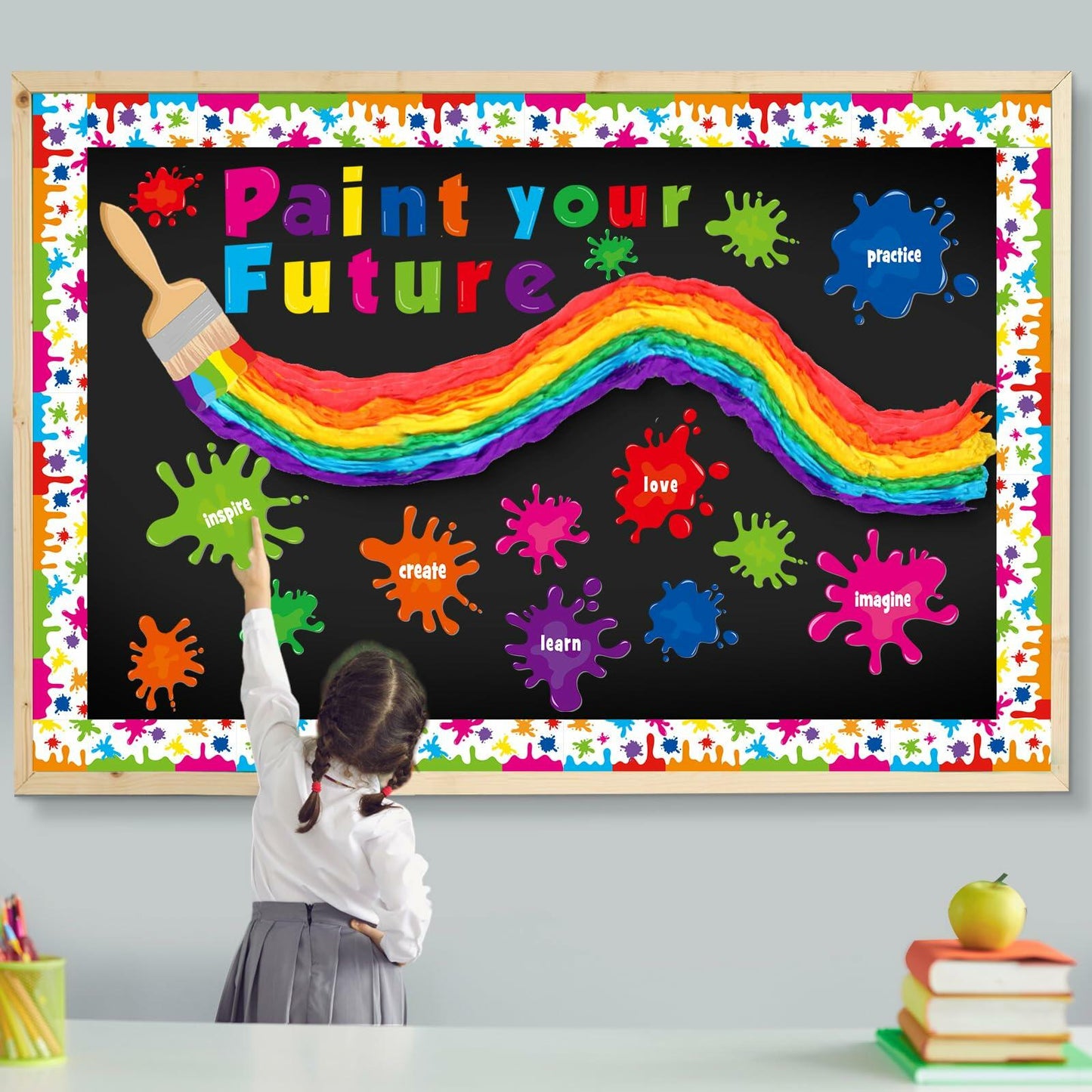 Pasimy 62 Pc 3D Colorful Rainbow Bulletin Board Set DIY Crepe Paper Rolls