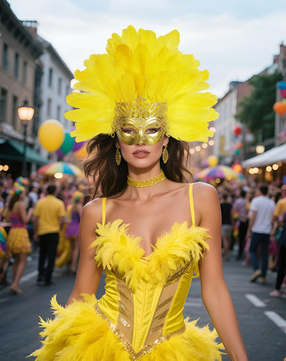 JPXH Masquerade Mask Feather Carnival Showgirl Headpiece Costume Yellow