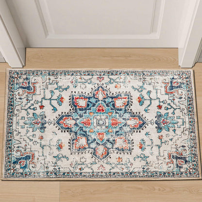 Puremy 2x3 Vintage Boho Entryway Rug Non Slip Low Pile Floral Cream
