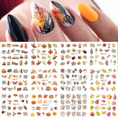 YEFIUO Fall Winter Maple Leaf Pumpkin Nail Art Stickers Water Transfer 12 in 1