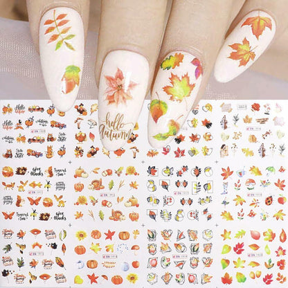 YEFIUO Fall Winter Maple Leaf Pumpkin Nail Art Stickers Water Transfer 12 in 1