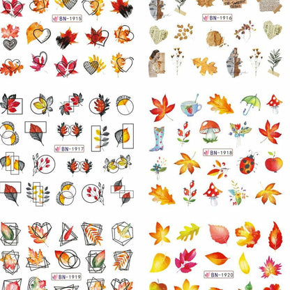 YEFIUO Fall Winter Maple Leaf Pumpkin Nail Art Stickers Water Transfer 12 in 1