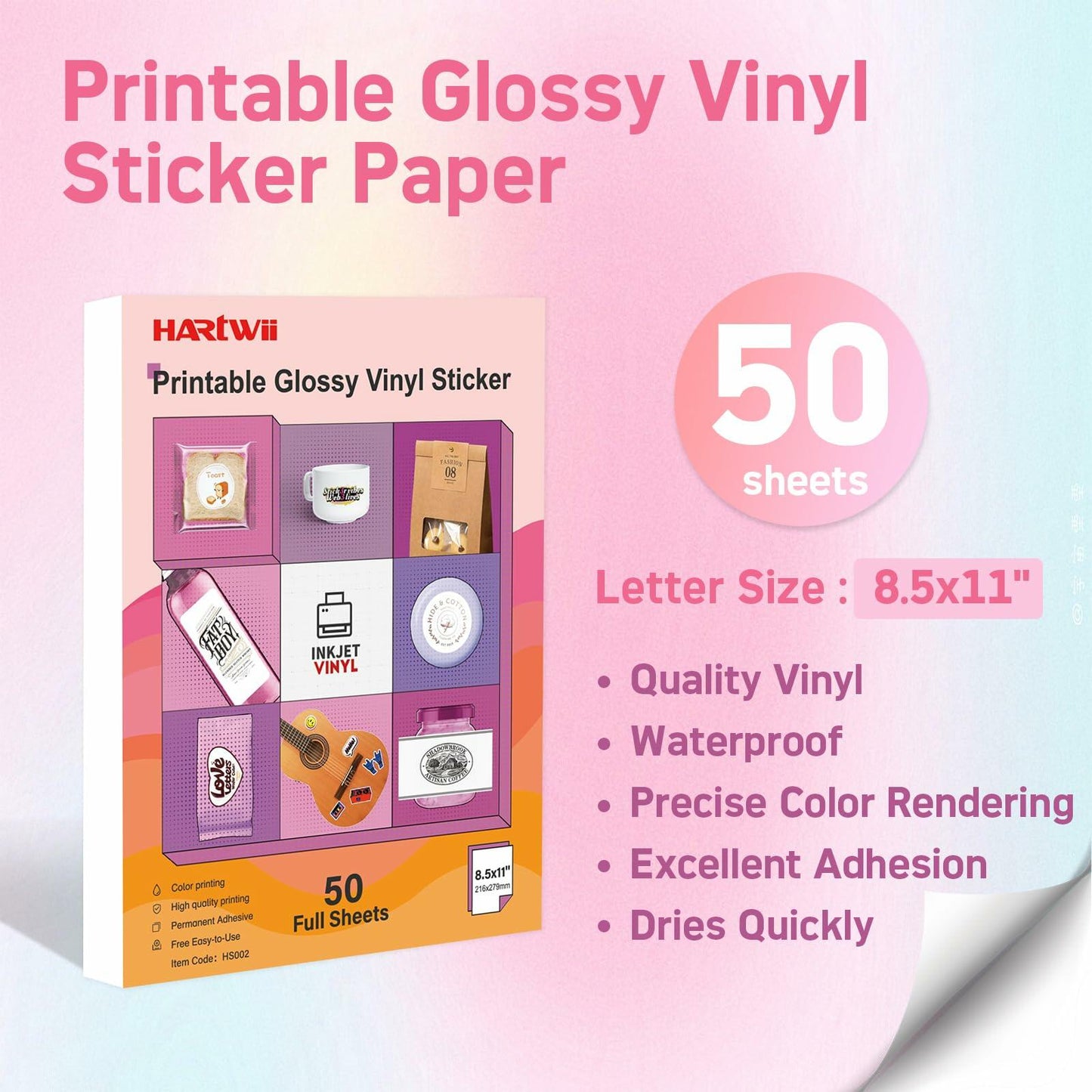 Hartwii Glossy Vinyl Sticker Paper 8.5x11in Letter Size 50 Sheets