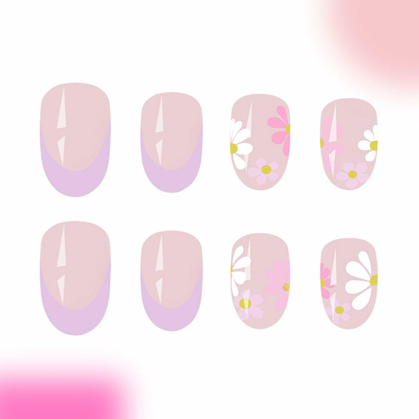 YOJIATOP Summer Press On Nails Short Oval Flower Design Purple Nude 24Pcs