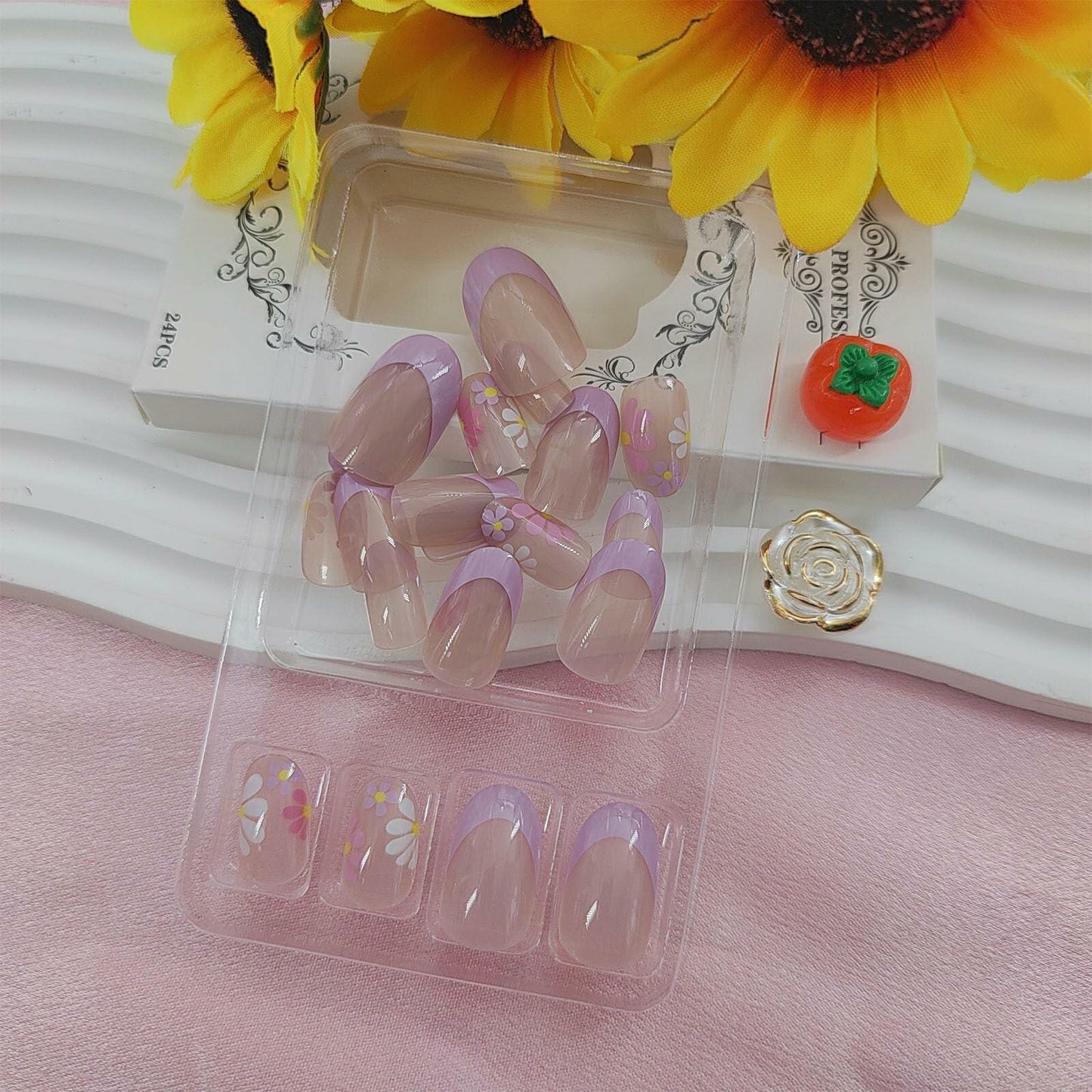 YOJIATOP Summer Press On Nails Short Oval Flower Design Purple Nude 24Pcs