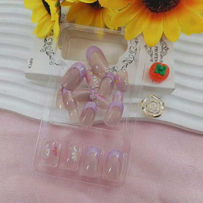 YOJIATOP Summer Press On Nails Short Oval Flower Design Purple Nude 24Pcs
