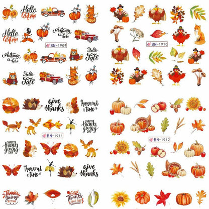 YEFIUO Fall Winter Maple Leaf Pumpkin Nail Art Stickers Water Transfer 12 in 1