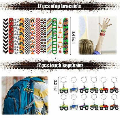 XIPEGPA Truck Party Favors Set - Keychains Slap Bracelets Stickers Straws
