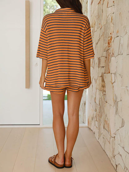 BWQ Women’s 2pc Knit Striped Button Shirt & Drawstring Shorts Set Orange S