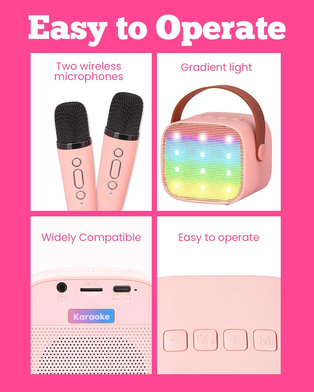 VERKB Kids Karaoke Machine Bluetooth Speaker 2 Wireless Mics Pink