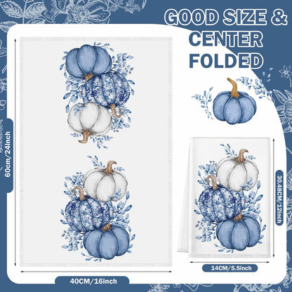 Kinlop 6 Pcs Fall Thanksgiving Blue White Pumpkin Kitchen Towels 16x26 Inch